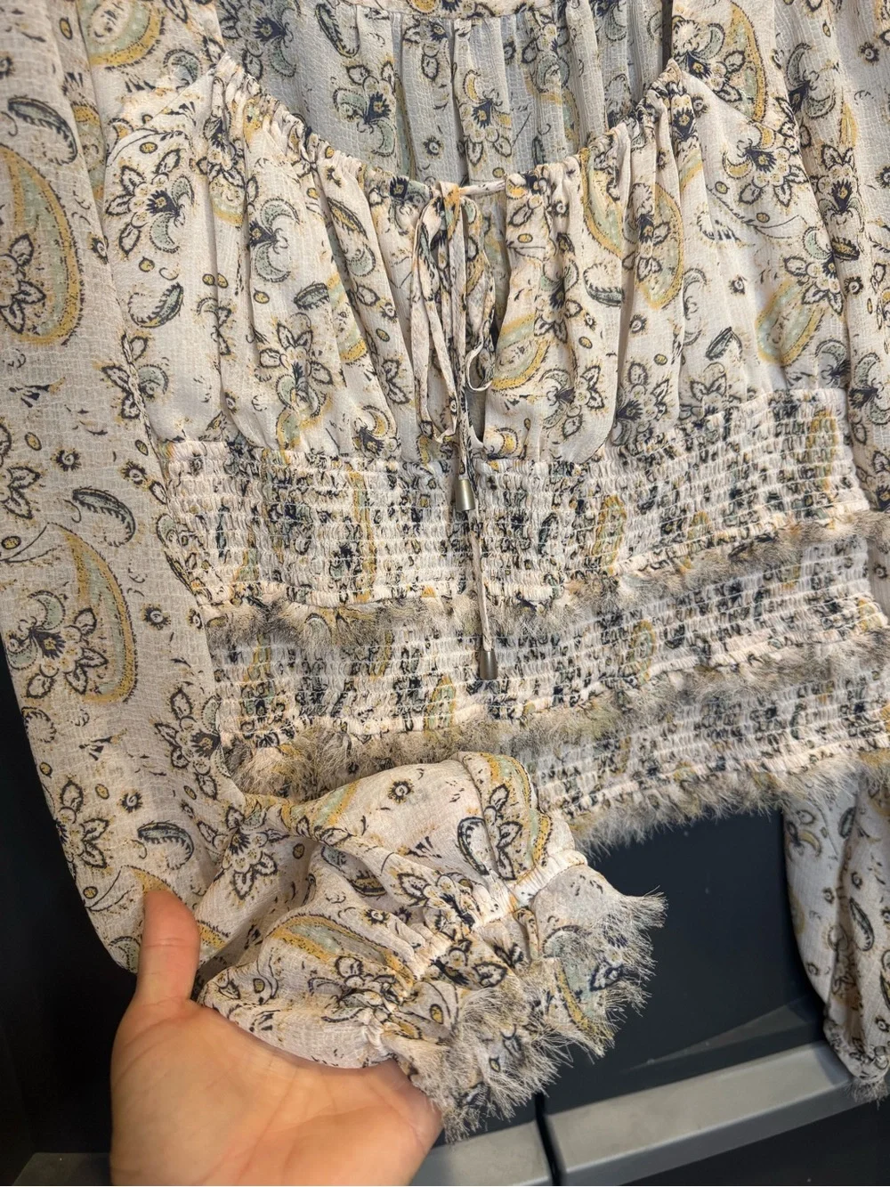 Free People Lolita Cream Paisley Smocked Square-Neck Blouse
